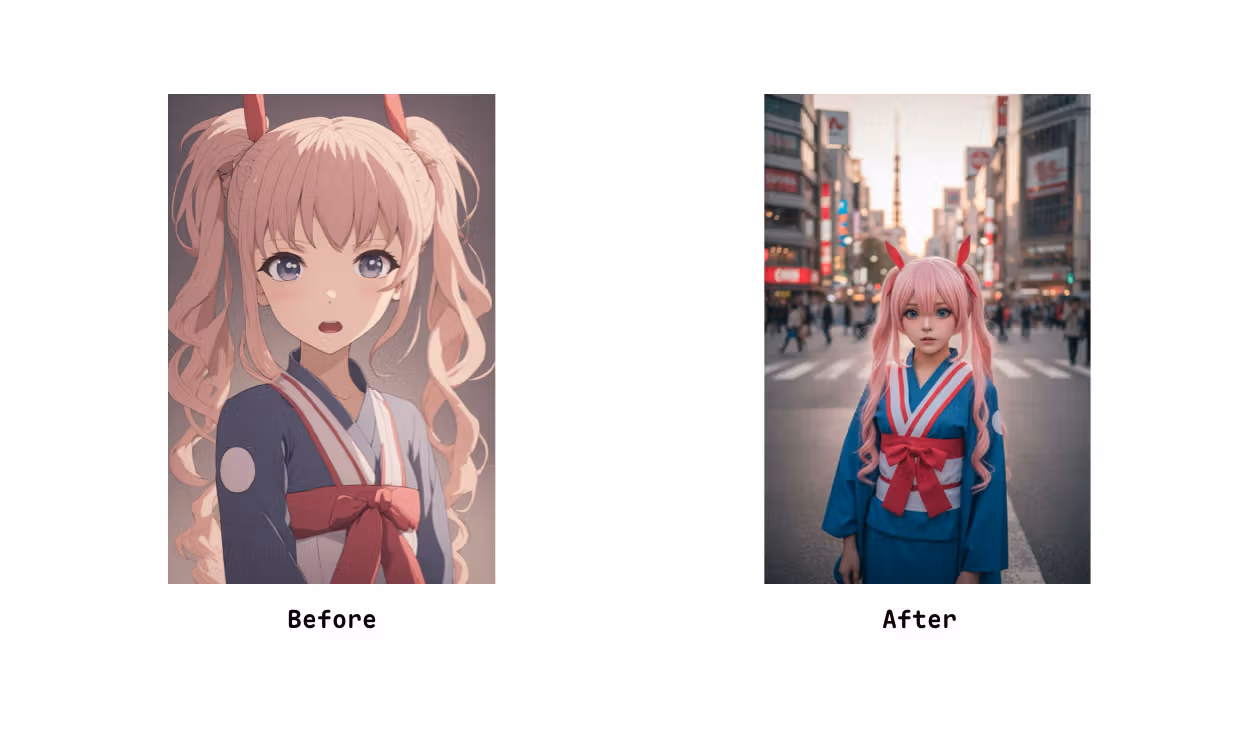 Generate a photo of a girl cosplaying this illustration, with Tokyo as the background