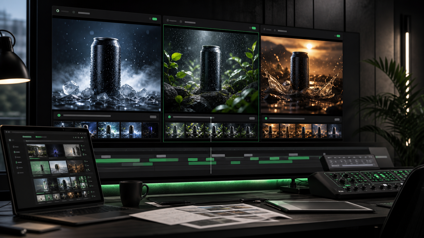 Text to video advertising workflow showing multiple beverage campaign video variants with different lighting moods on editing monitors.
